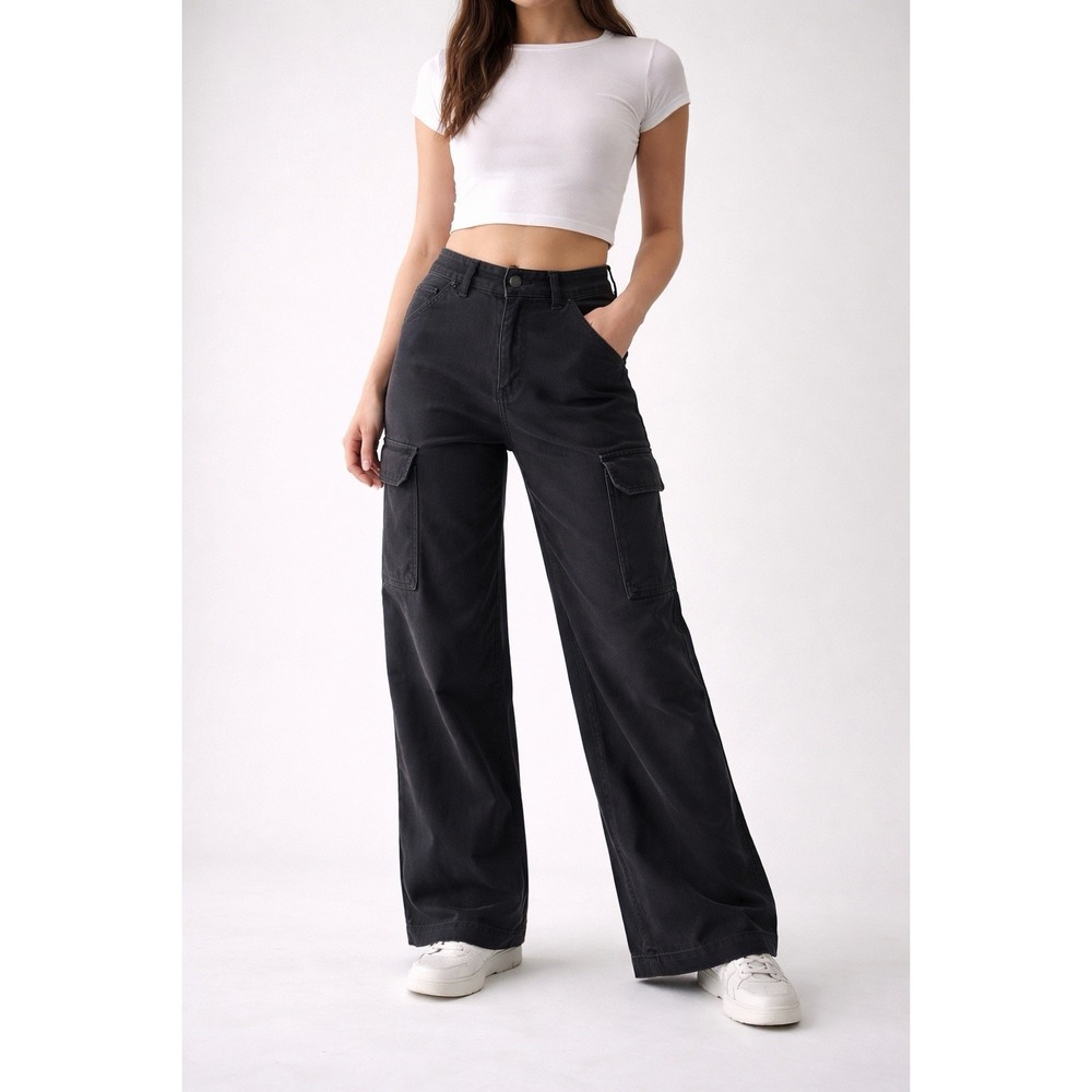 American Eagle Pants Women 000 Black Cargo High Rise Baggy Wide Leg Stretch Flex